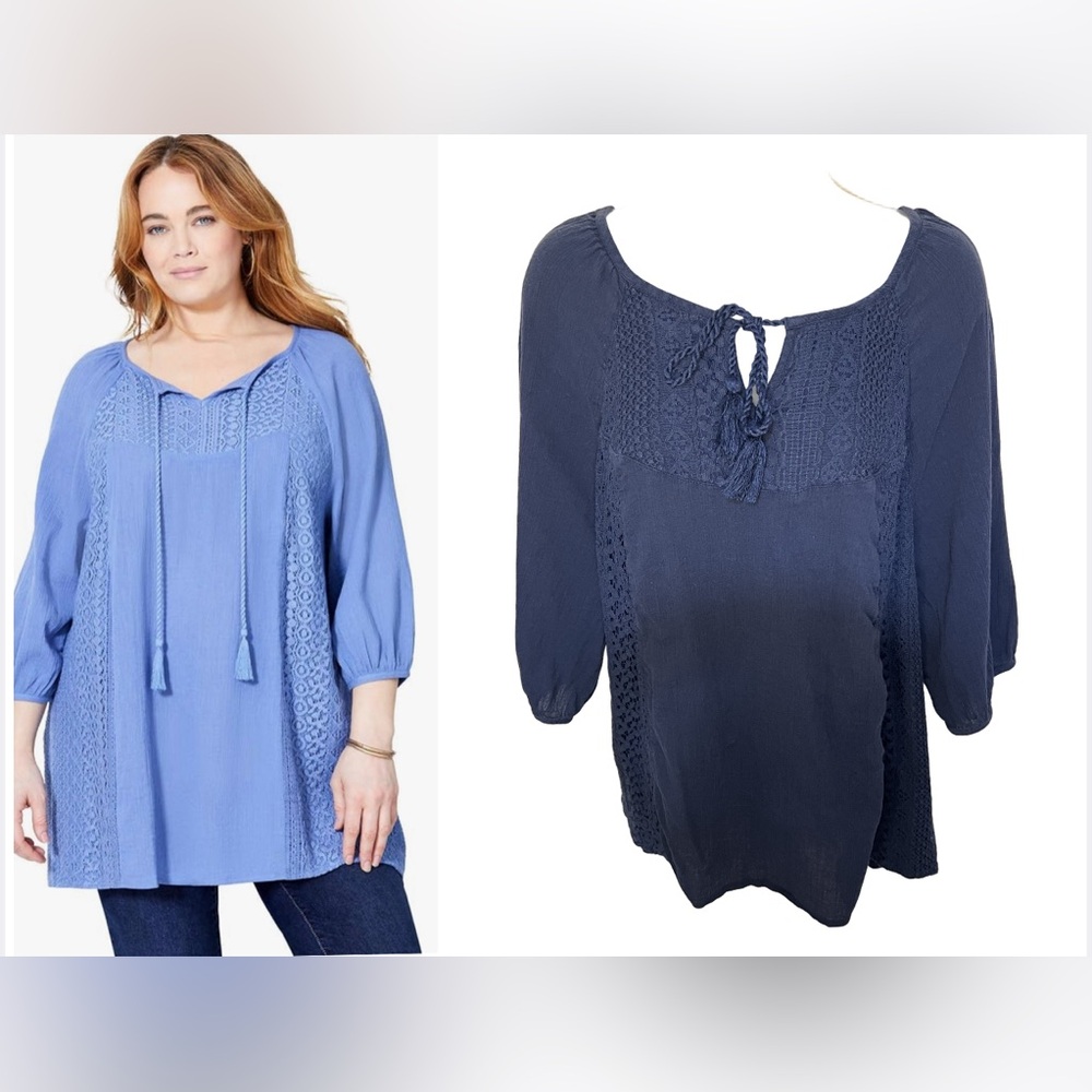 Catherines 1X Navy  Crochet Lace Trim Gauze Top 3/4 Sleeve Tie Tassel Neck